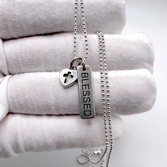 Sale $22 Firm!  .925 Sterling Blessed & Cross Heart Charm Necklace - Picture 3 of 11